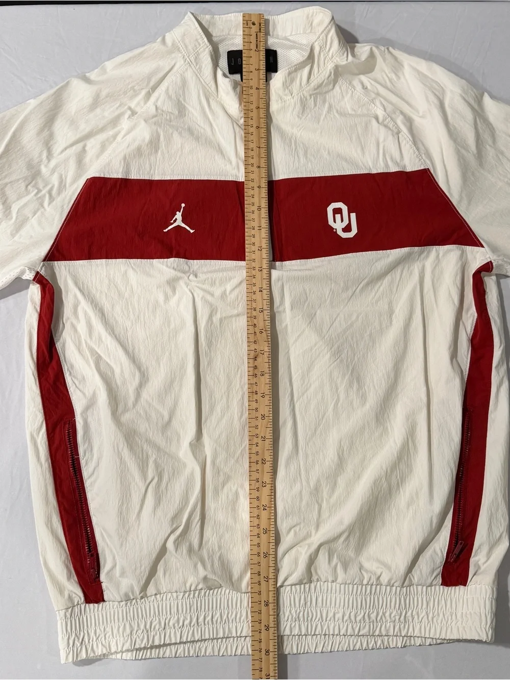 Jordan White and Crimson Half-Zip Windbreaker with OU Logo